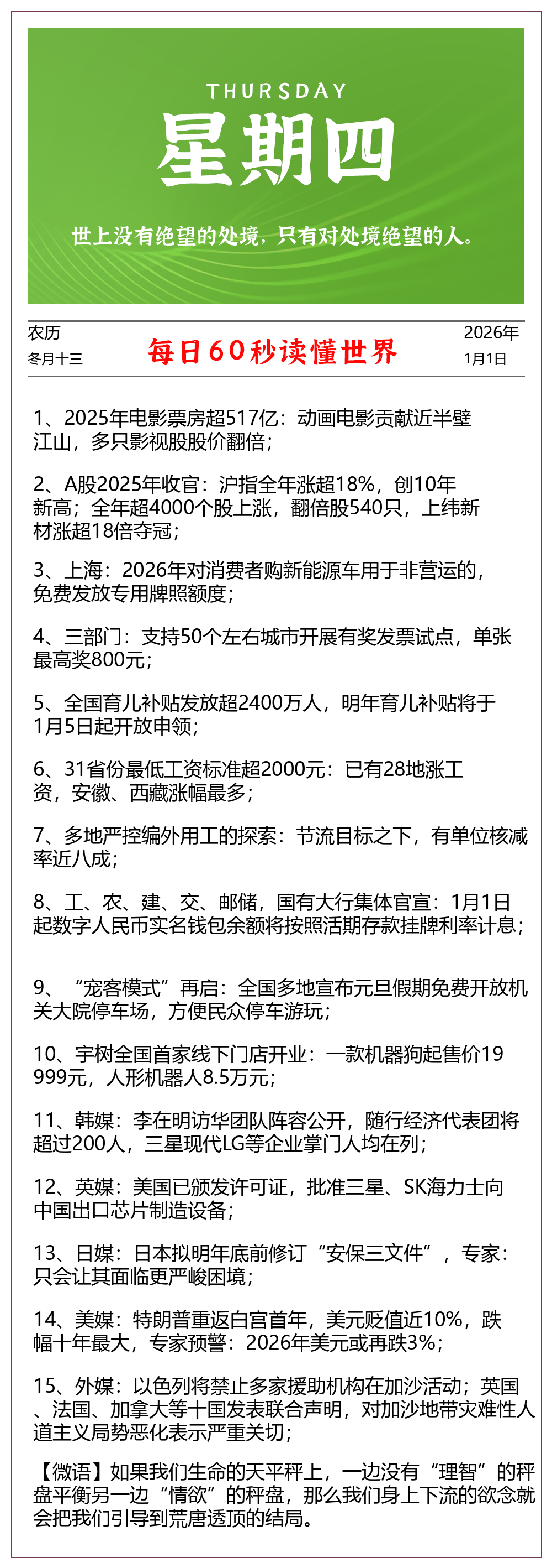 每天60秒读懂世界 2026年01月01日