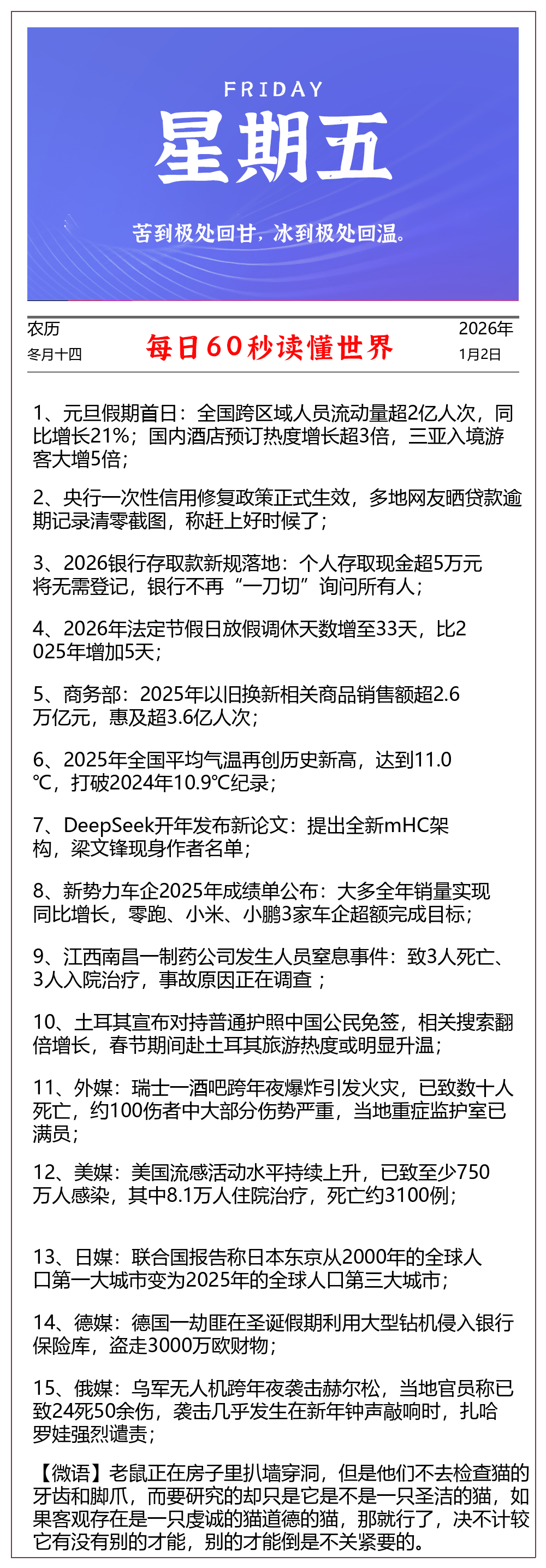 每天60秒读懂世界 2026年01月02日