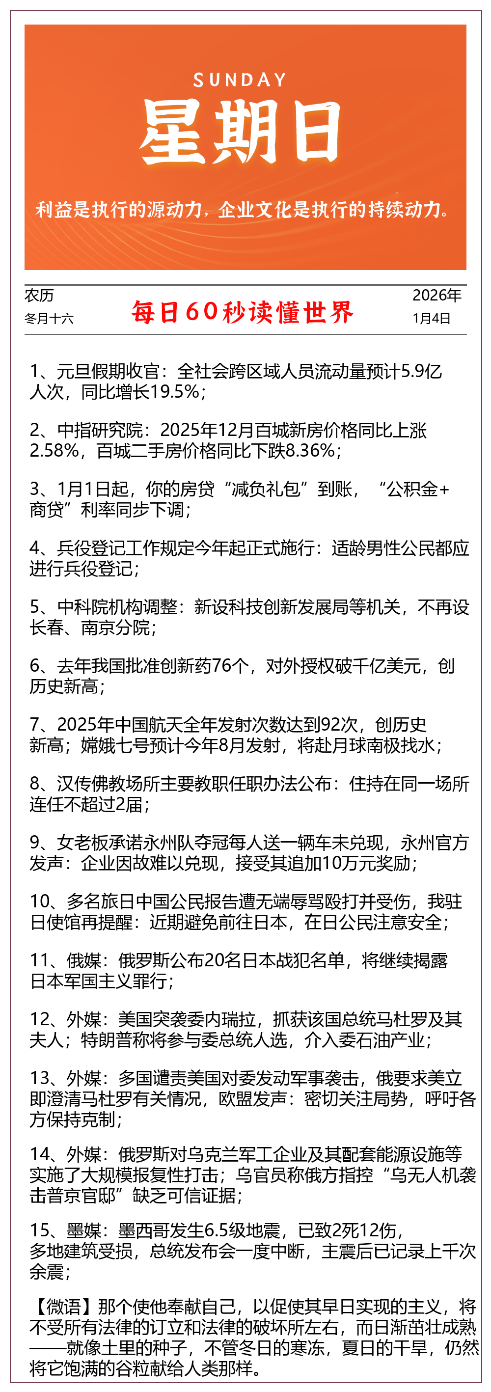 每天60秒读懂世界 2026年01月04日