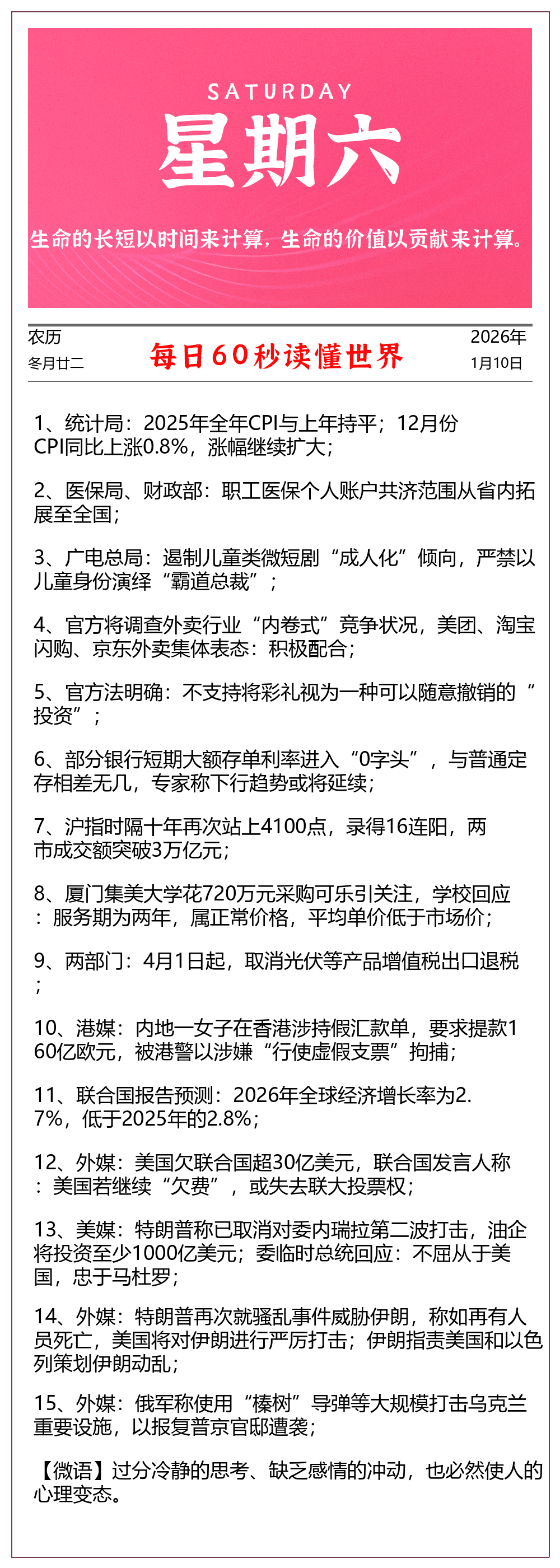 每天60秒读懂世界 2026年01月10日